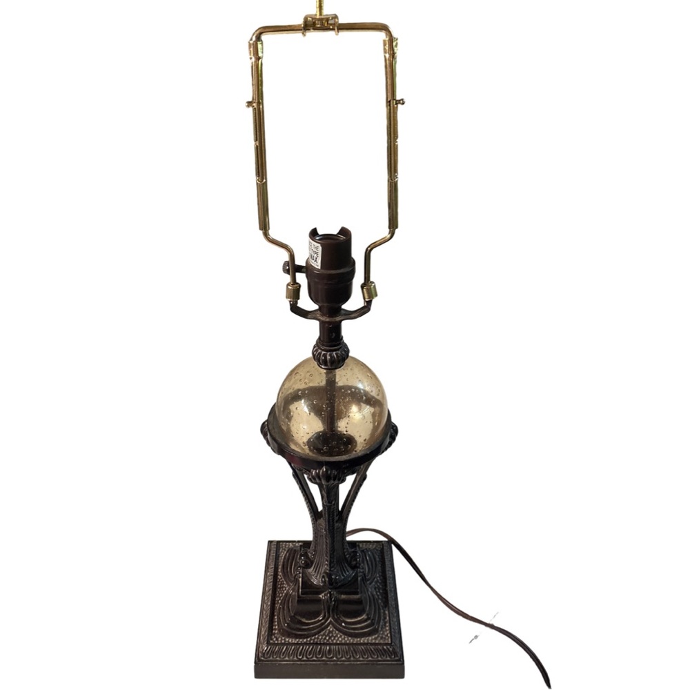 Heavy Ornate Cast Metal Lamp with Seeded Glass Globe – Victorian Gothic Decor